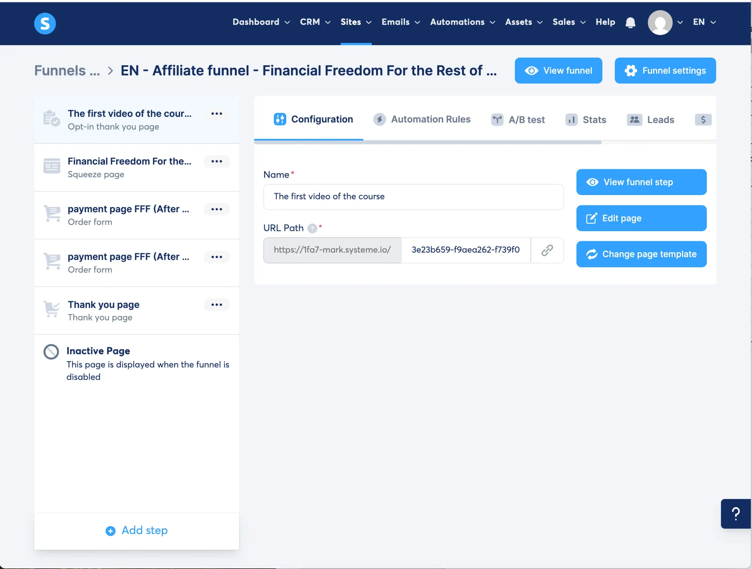 An image showing the Funnel Building dashboard in systeme.io